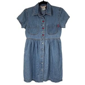 Vintage Denim Dress Pearl Button Front Short Sleeve Chambray Dress